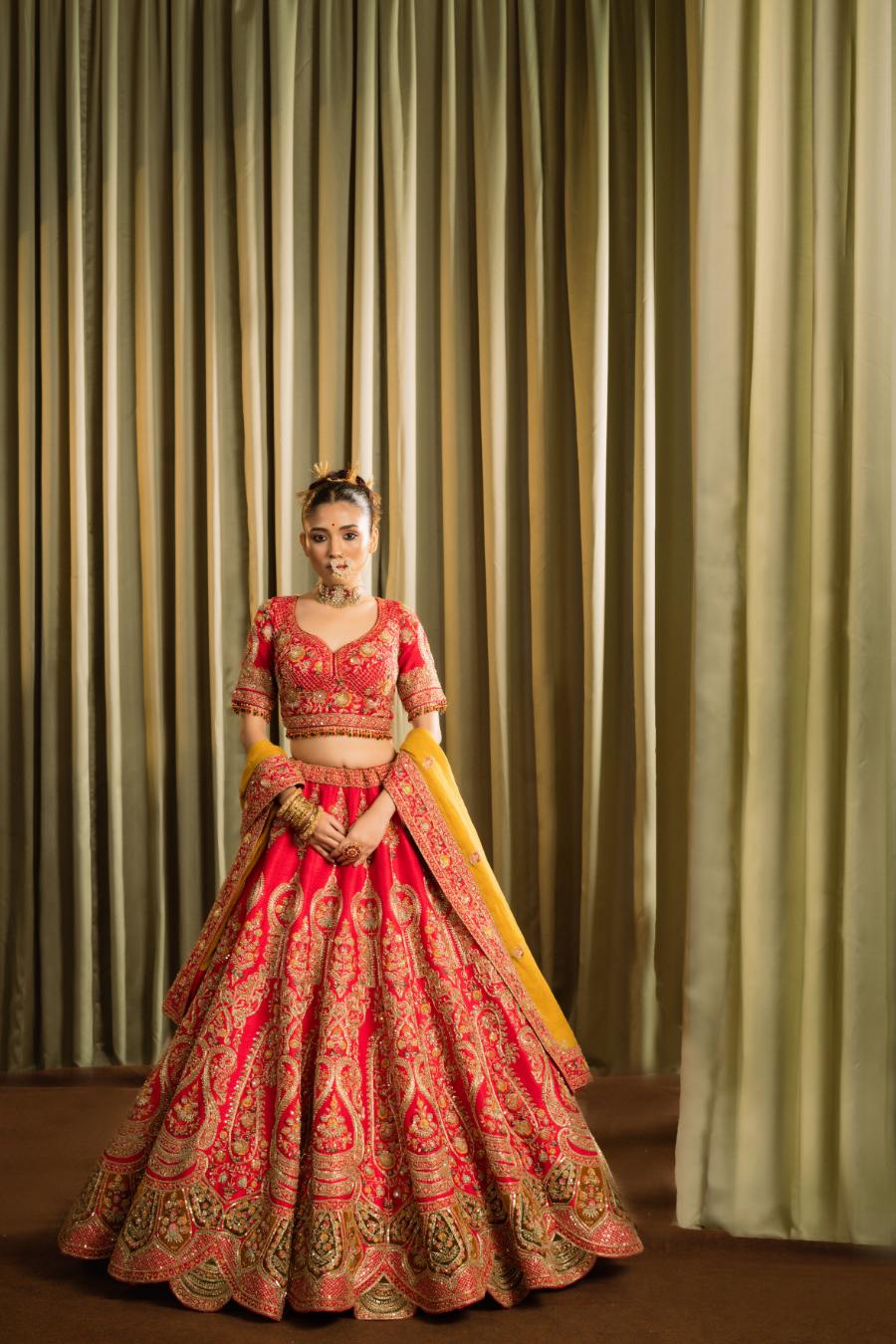 Red Pure Raw Silk Embroidered Lehenga Set