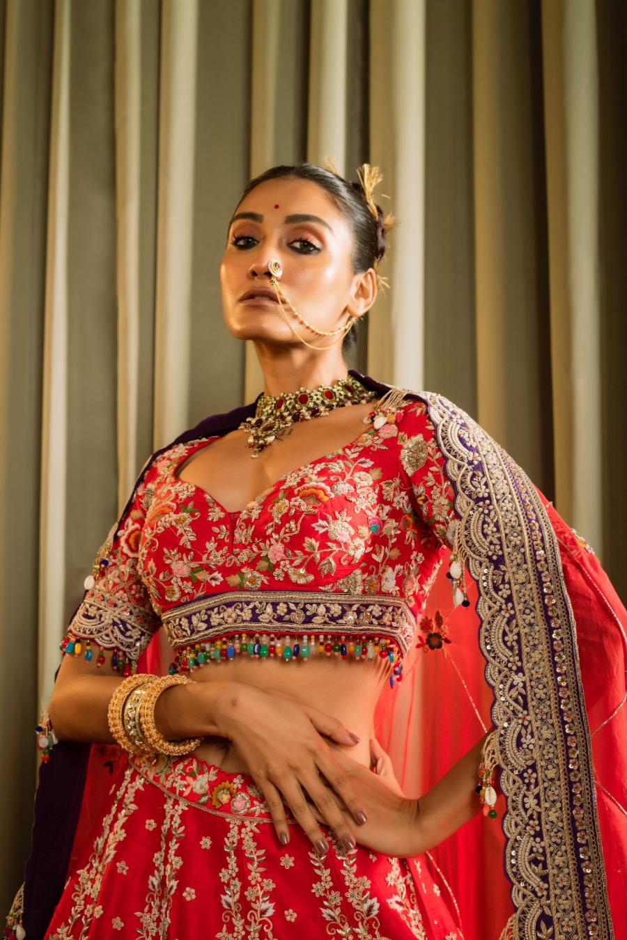 Raw Silk Thread Hand Work Lehenga Set