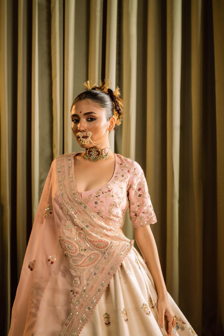 Shaded Raw Silk Resham Hand Work Lehenga Set