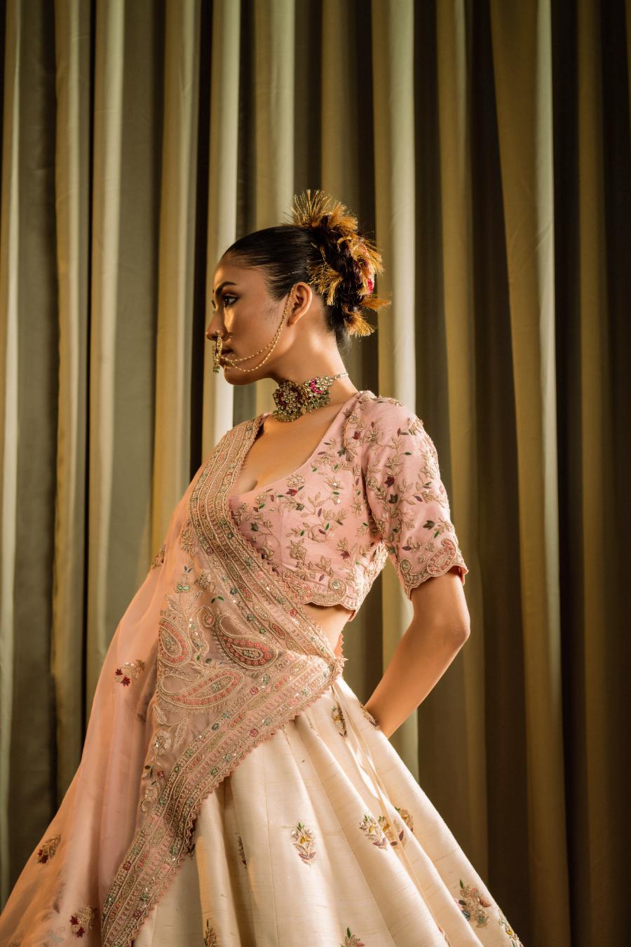 Shaded Raw Silk Resham Hand Work Lehenga Set