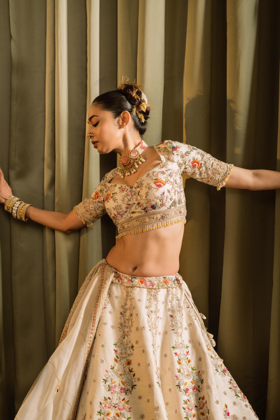 Ivory Raw Silk Resham Hand Work Lehenga Set