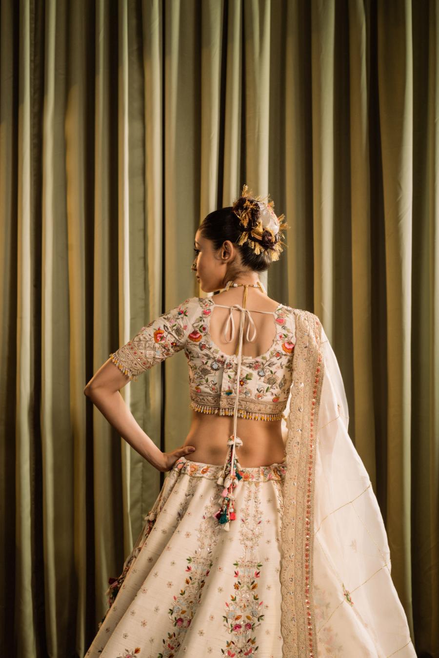 Ivory Raw Silk Resham Hand Work Lehenga Set