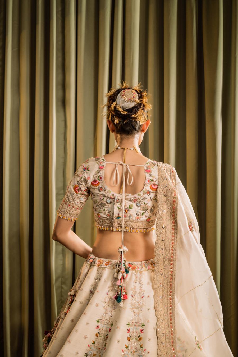 Ivory Raw Silk Resham Hand Work Lehenga Set
