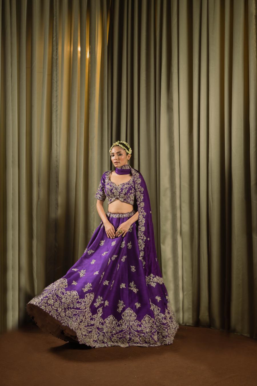 Purple Raw Silk Dabka Work Lehenga Set