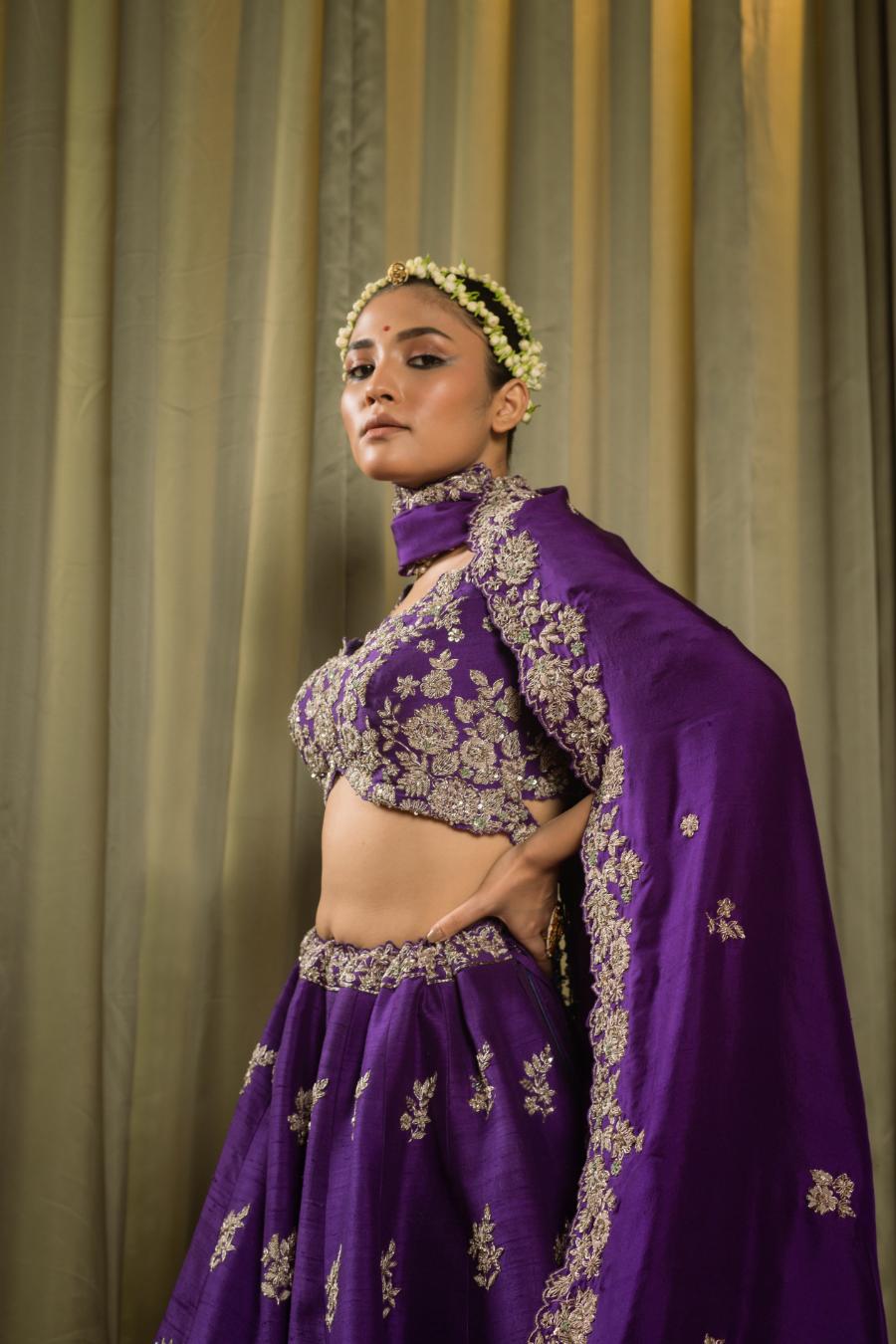 Purple Raw Silk Dabka Work Lehenga Set