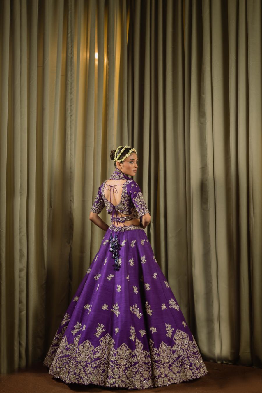 Purple Raw Silk Dabka Work Lehenga Set