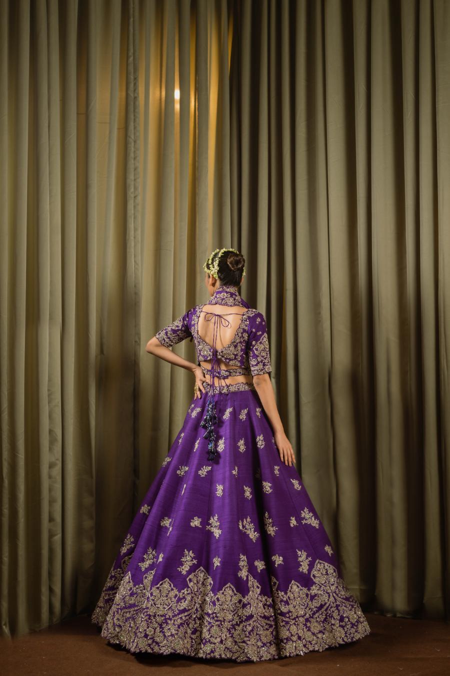 Purple Raw Silk Dabka Work Lehenga Set