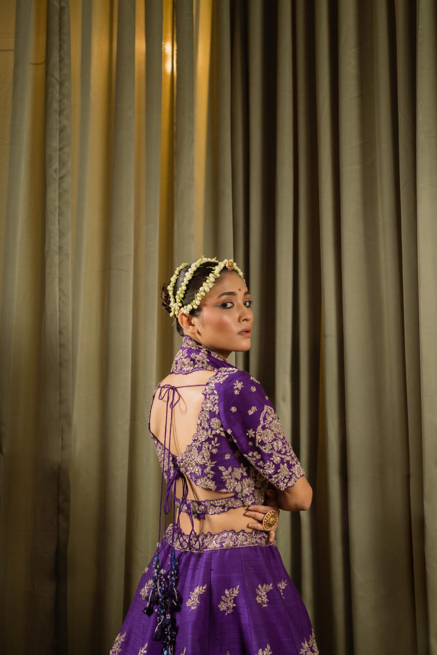 Purple Raw Silk Dabka Work Lehenga Set