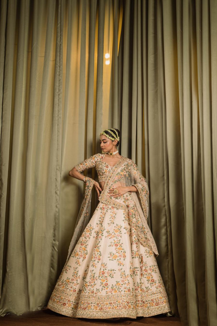 Ivory Raw Silk Resham Work Lehenga Set