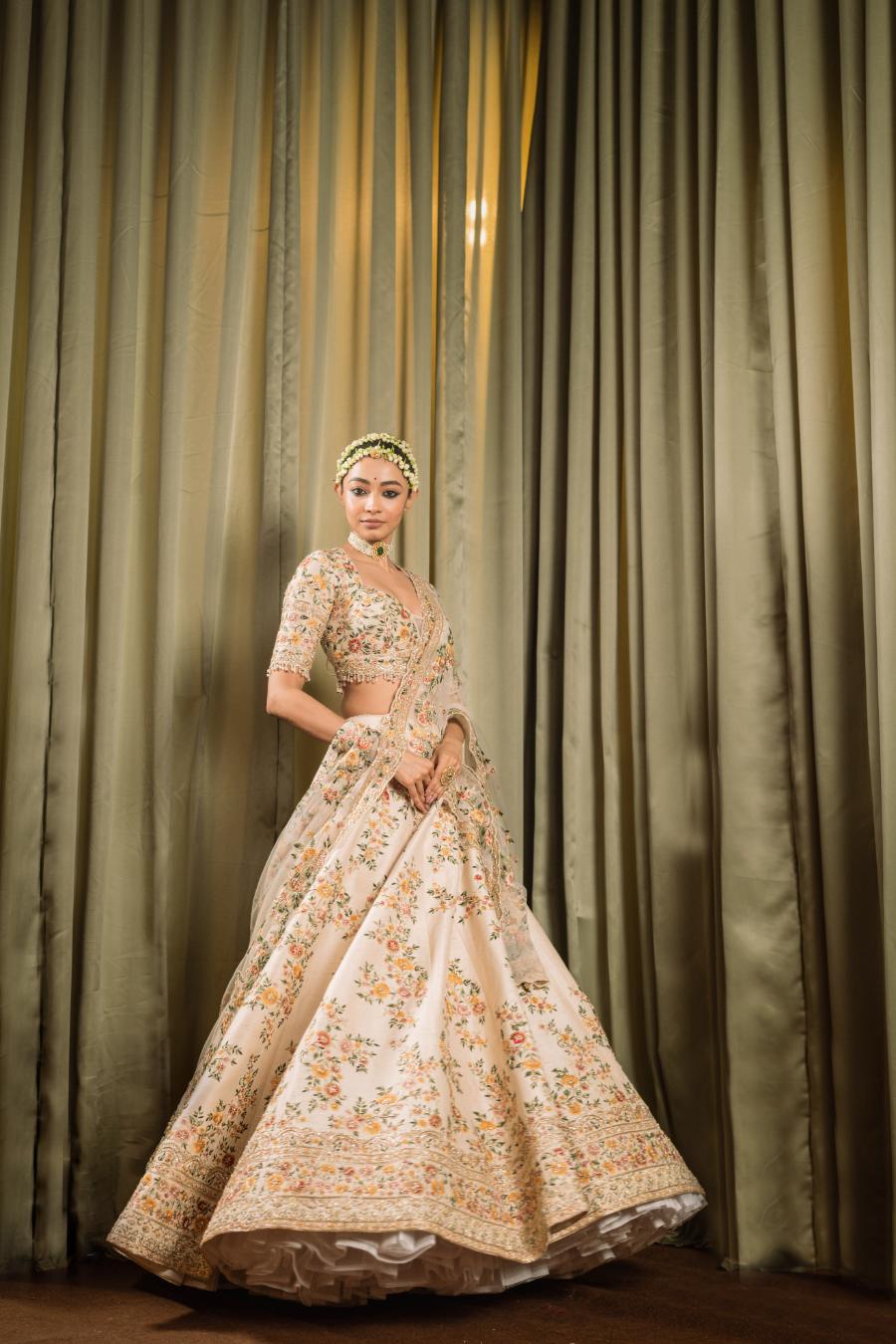 Ivory Raw Silk Resham Work Lehenga Set