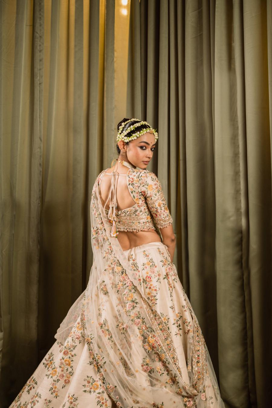 Ivory Raw Silk Resham Work Lehenga Set