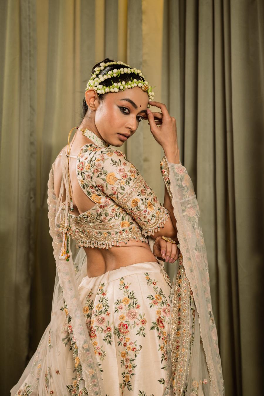 Ivory Raw Silk Resham Work Lehenga Set