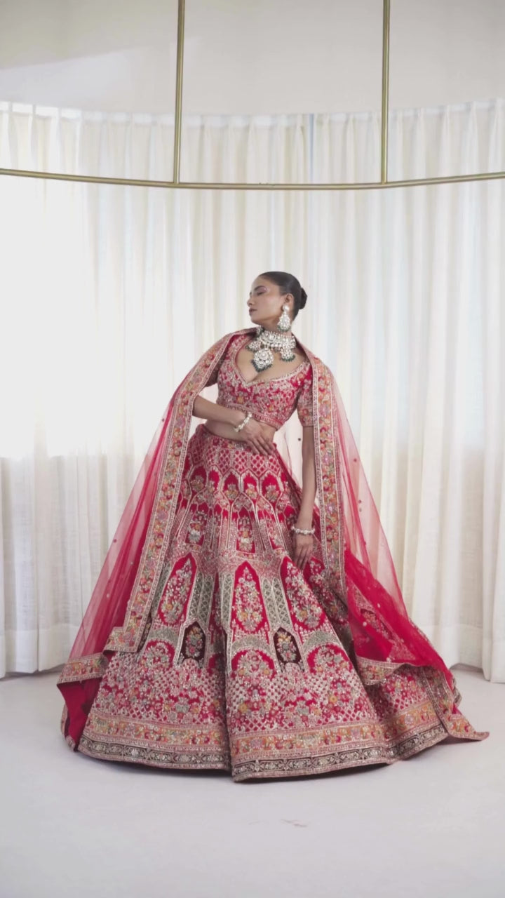 Cherry Wine Raw Silk Zardosi Bridal Lehenga Set