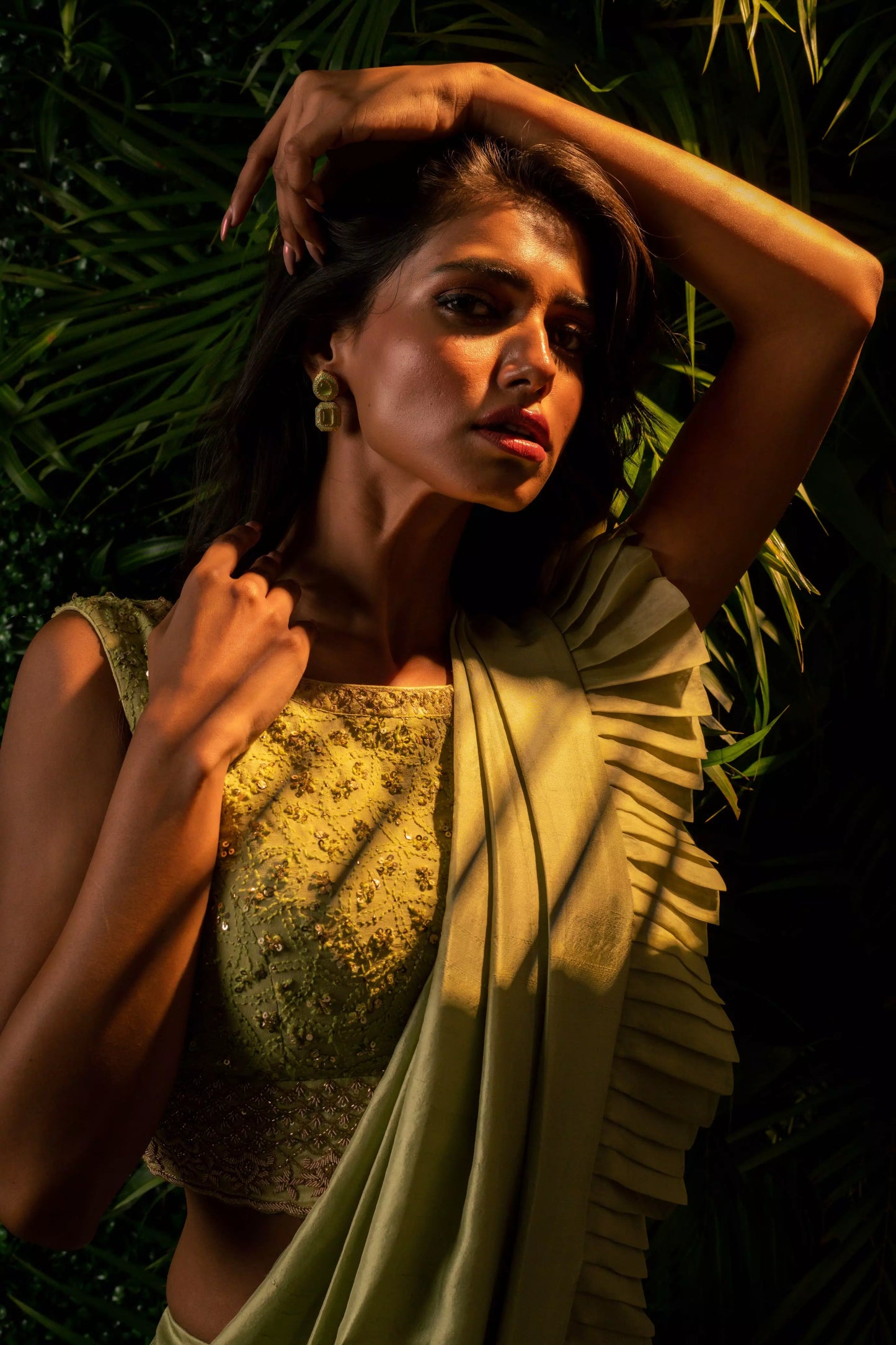 Lucknowi Drape Saree Green