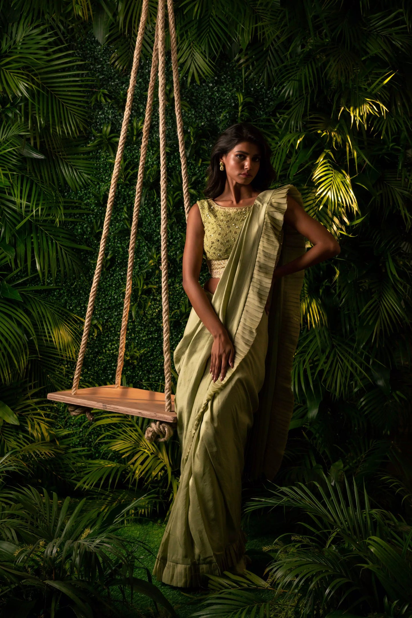 Lucknowi Drape Saree Green
