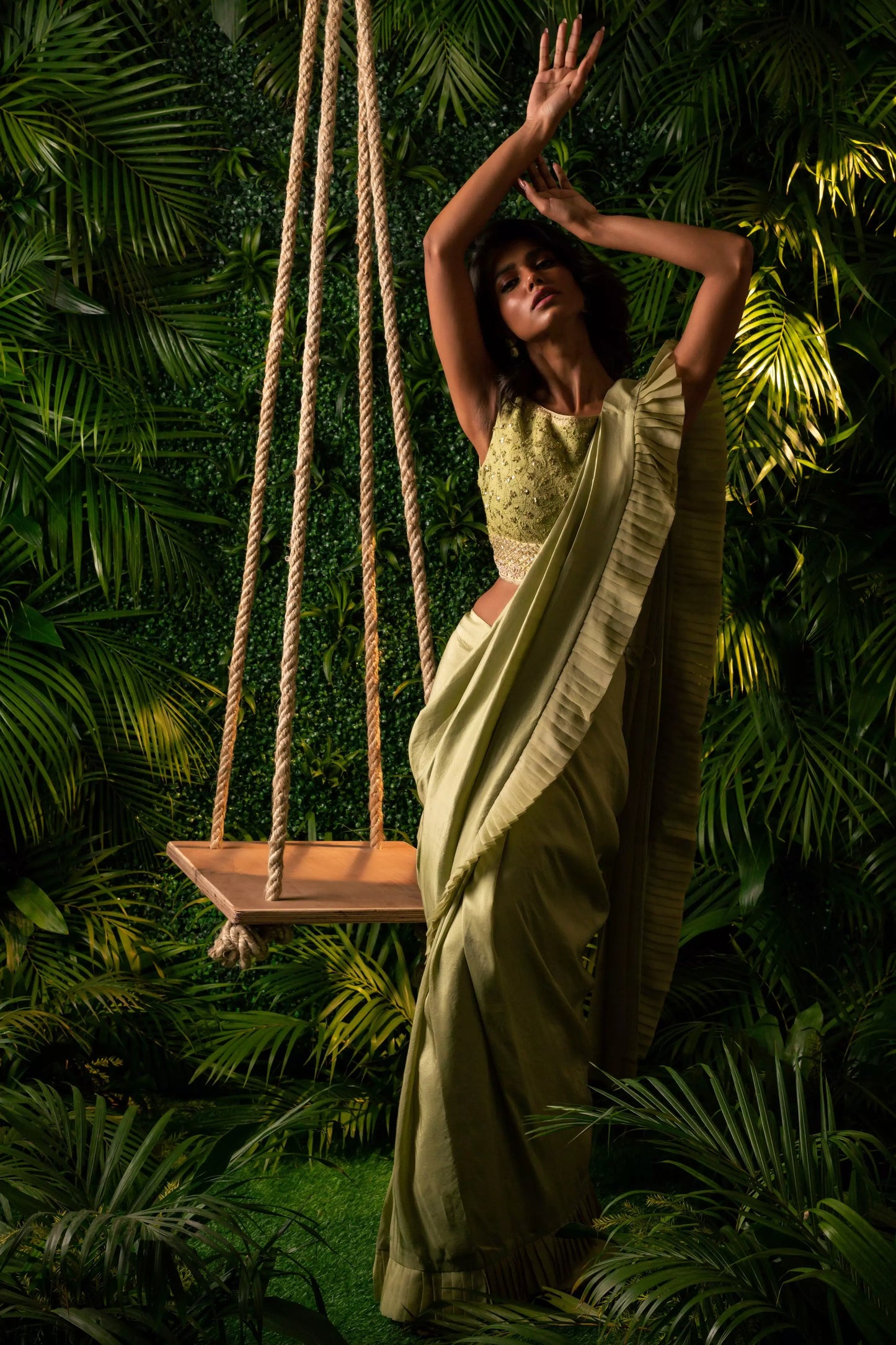 Lucknowi Drape Saree Green