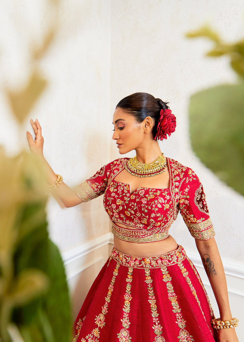 Majestic Maroon Raw Silk Zardosi Bridal Lehenga Set