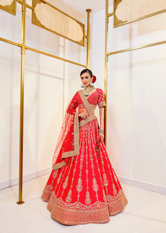 Crimson Allure Raw Silk Zardosi Bridal Lehenga Set