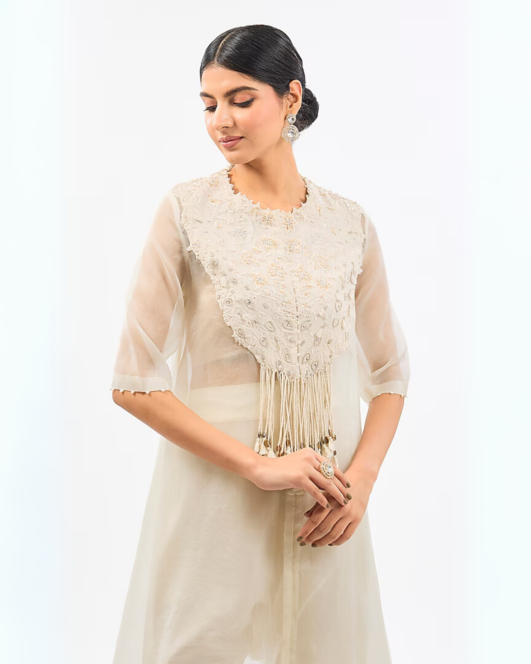 IVORY NECK WORK ORGANZA PANT SET