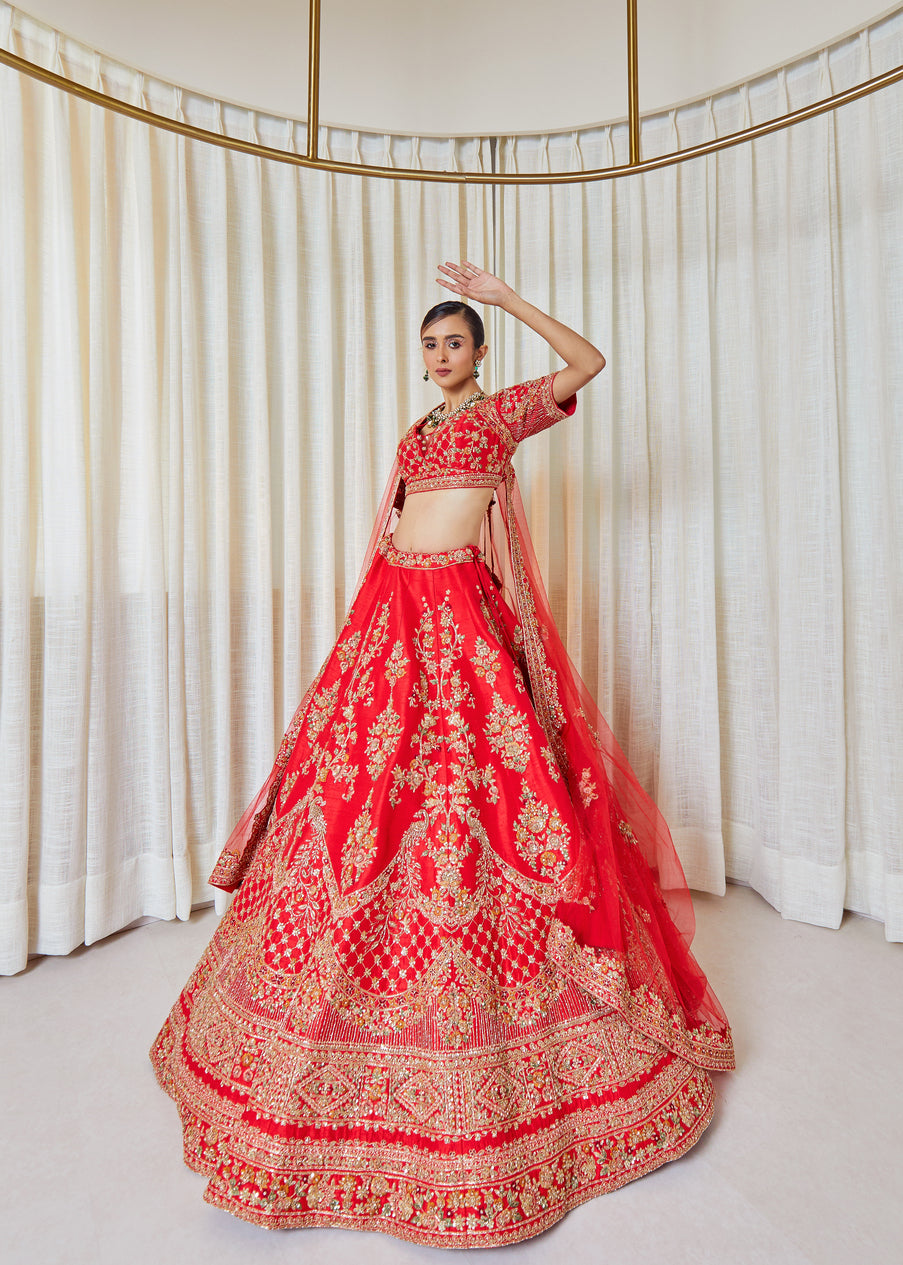 Fiery Rose Raw Silk Zardosi Bridal Lehenga Set