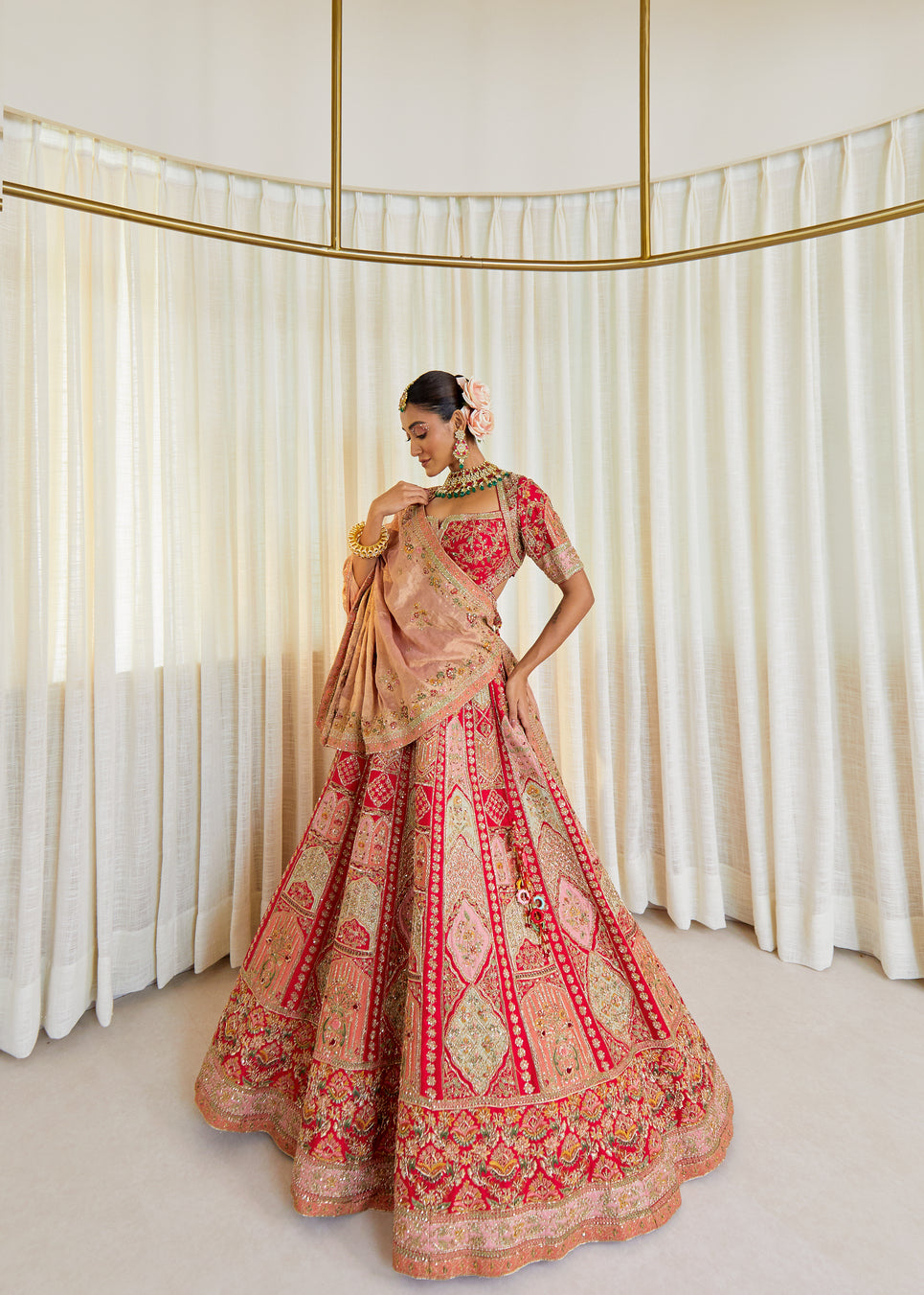 Cherry Blossom Glow Raw Silk Zardosi Bridal Lehenga Set