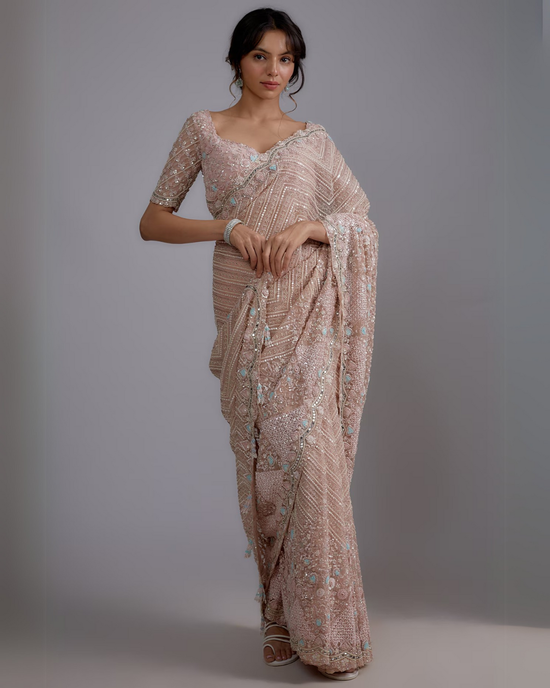 Pink Tulle Embellished Saree