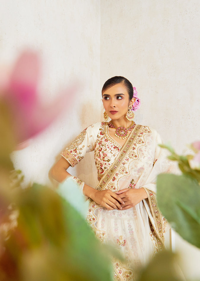 Creamy Dream Raw Silk Zardosi Bridal Lehenga Set