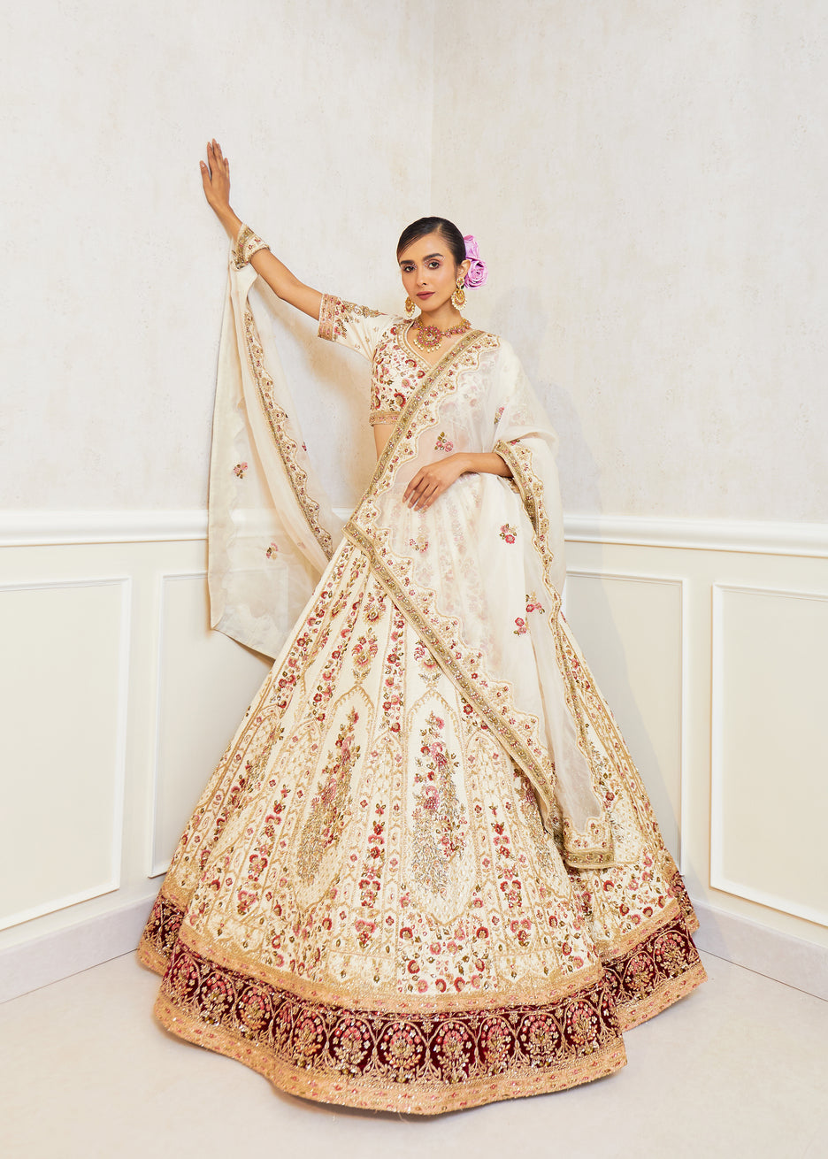 Creamy Dream Raw Silk Zardosi Bridal Lehenga Set