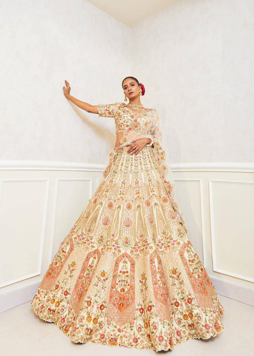 Ethereal Ivory Raw Silk Zardosi Bridal Lehenga Set