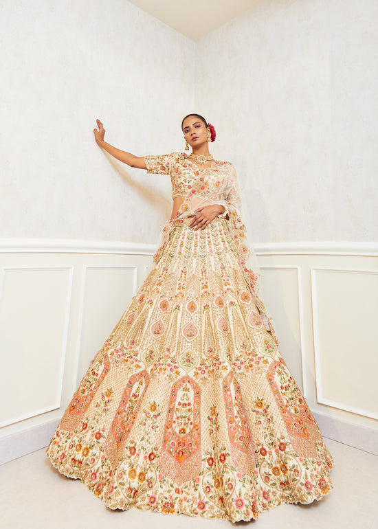 Ethereal Ivory Raw Silk Zardosi Bridal Lehenga Set