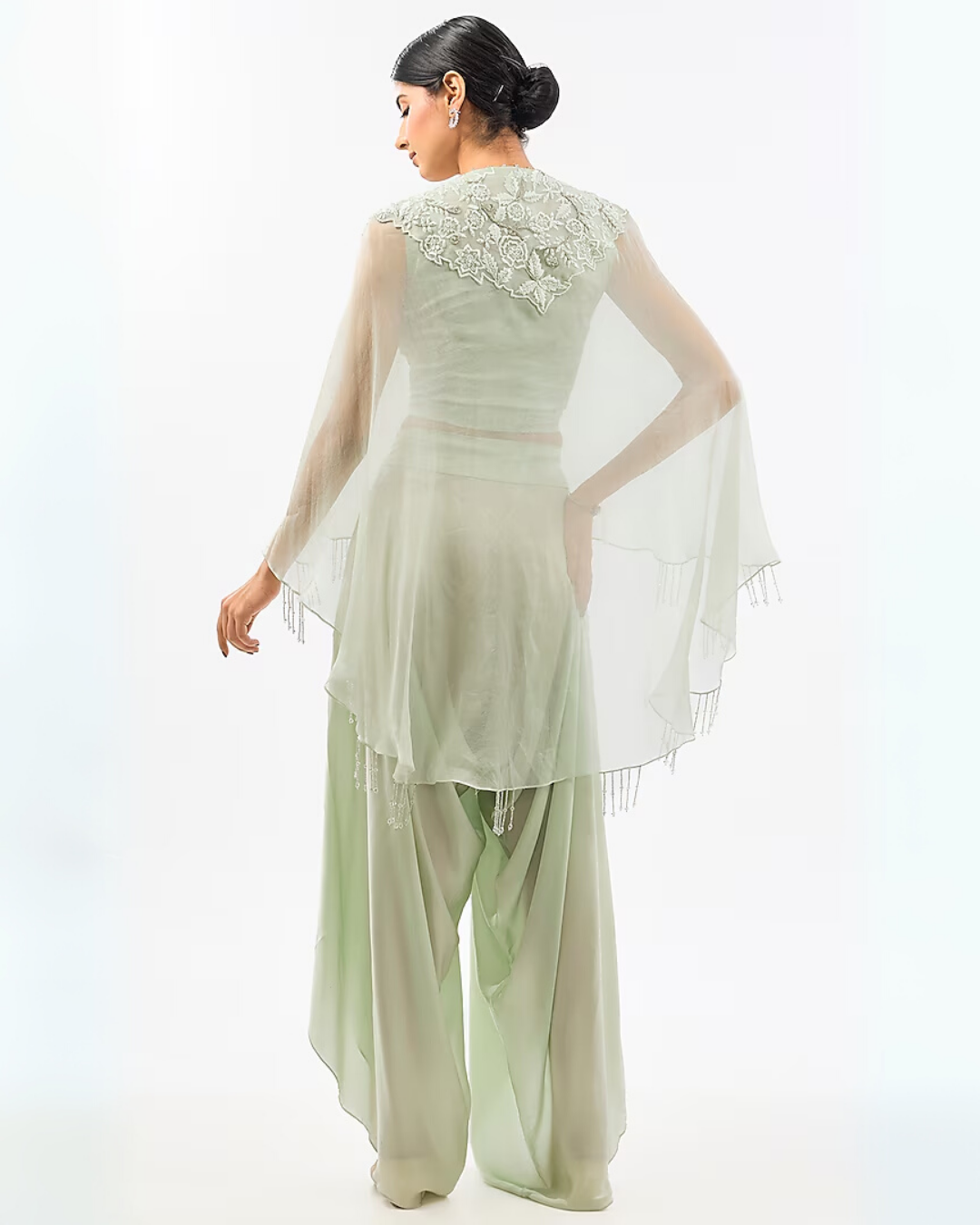 IVORY NECK WORK ORGANZA DHOTI SET