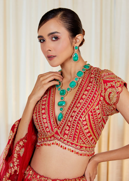 Crimson Rose Raw Silk Zardosi Bridal Lehenga Set