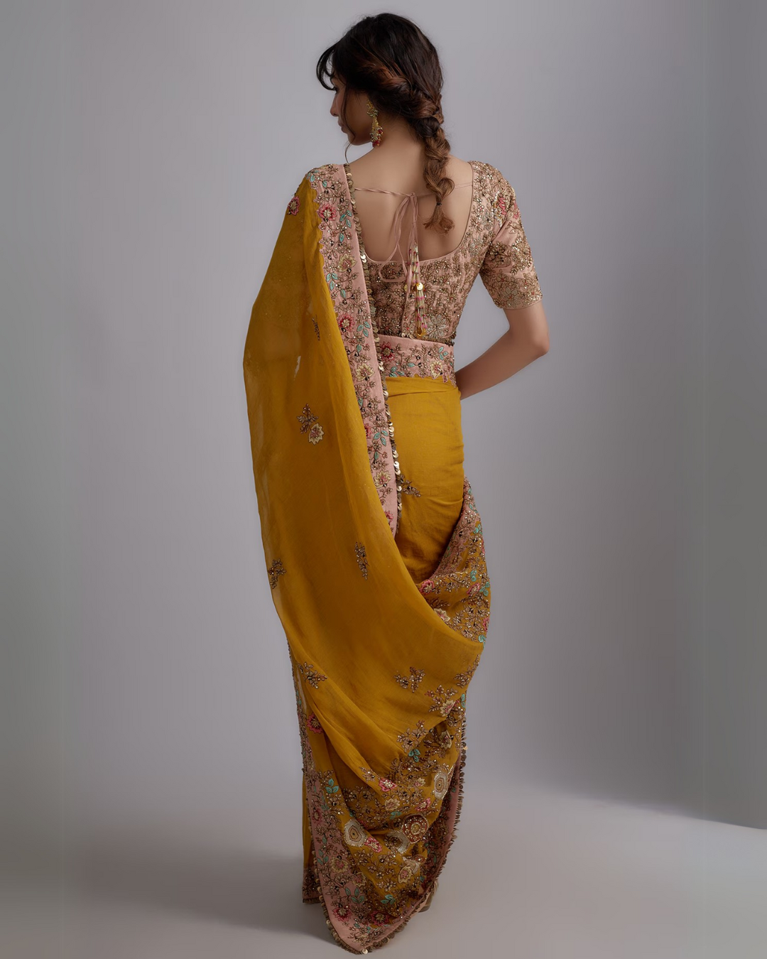 Mustard Tissue Embroidered Draped Saree