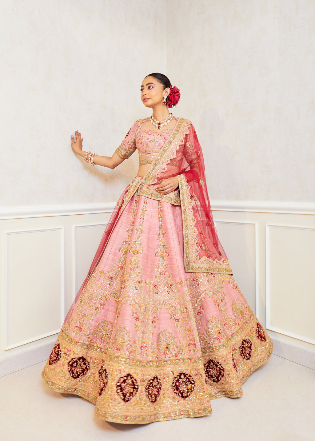 Rosette Charm Raw Silk Zardosi Bridal Lehenga Set