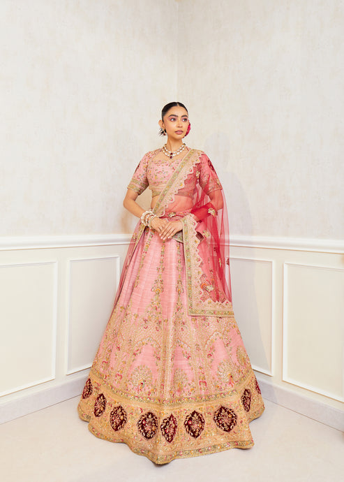 Rosette Charm Raw Silk Zardosi Bridal Lehenga Set