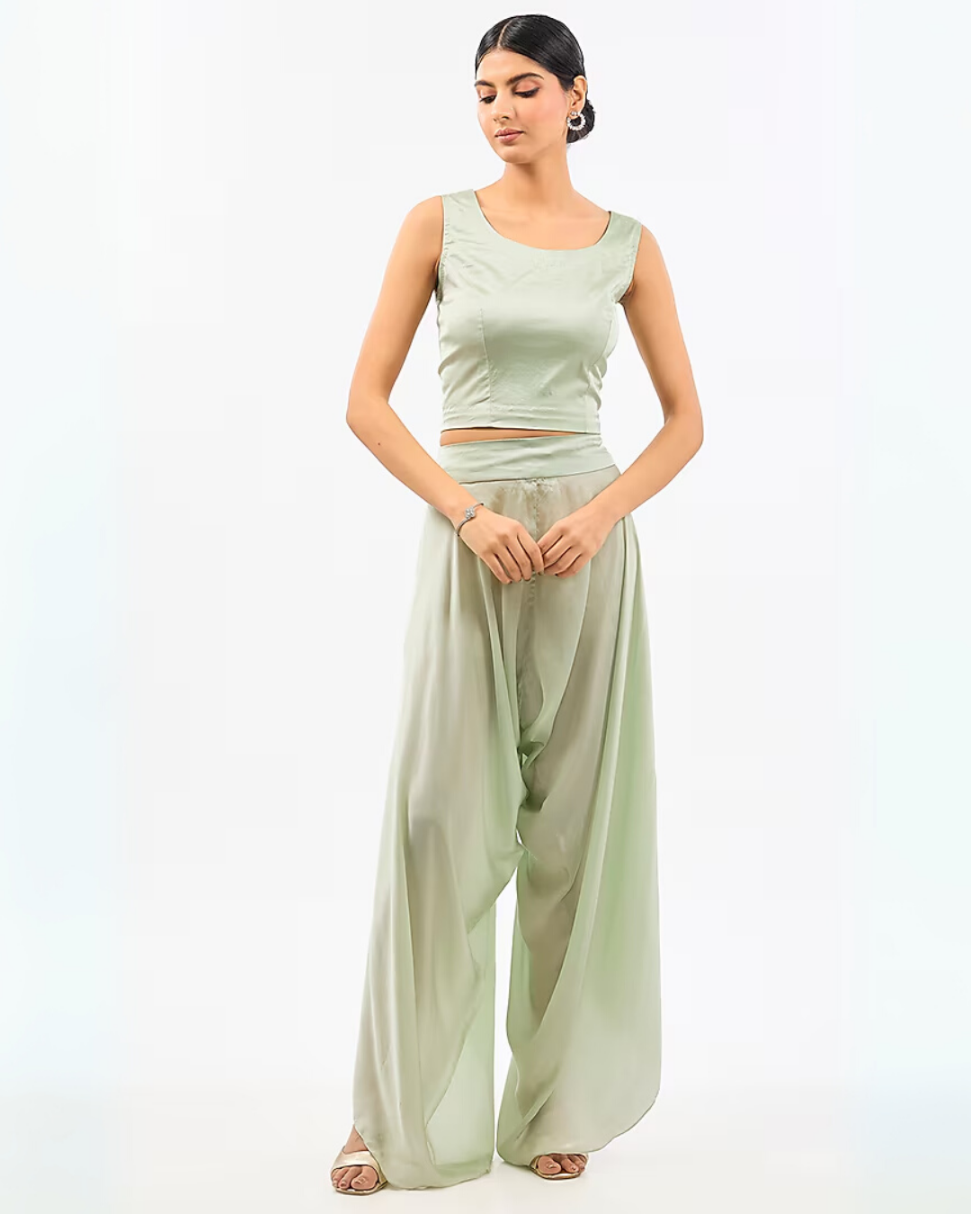 IVORY NECK WORK ORGANZA DHOTI SET