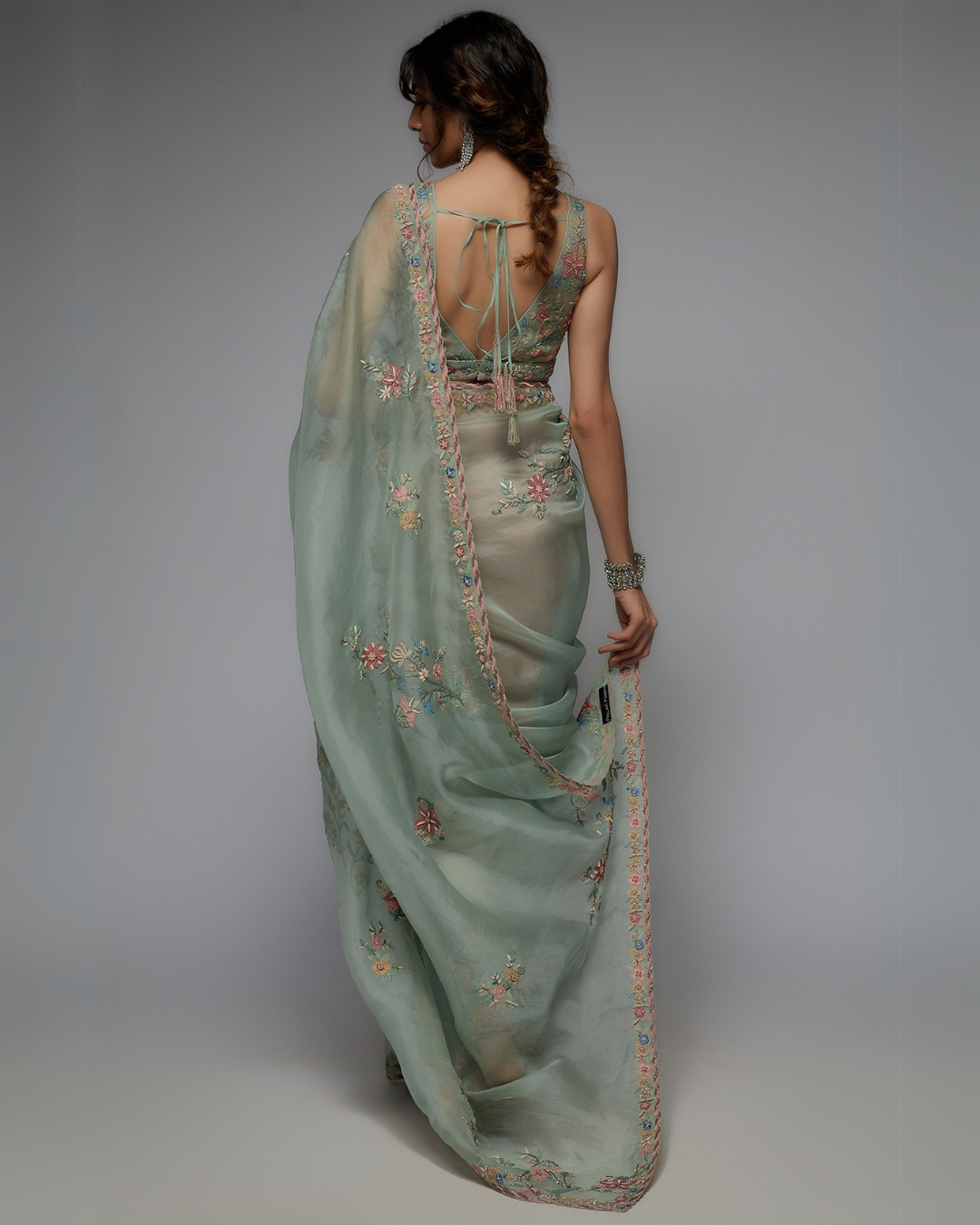 Mint Organza Hand Embroidered Saree