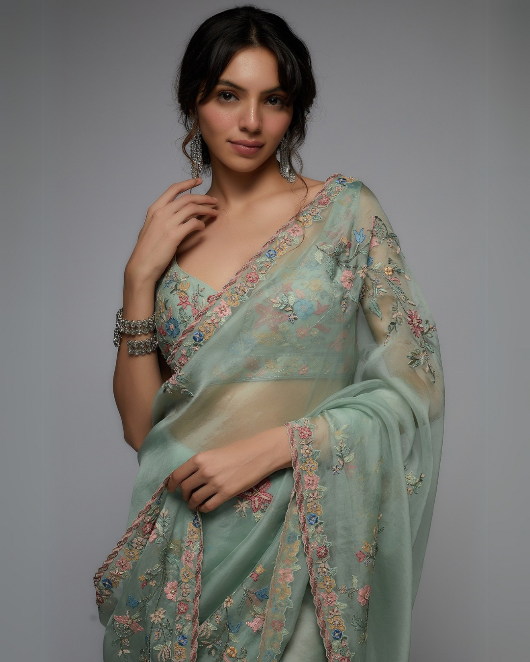 Mint Organza Hand Embroidered Saree