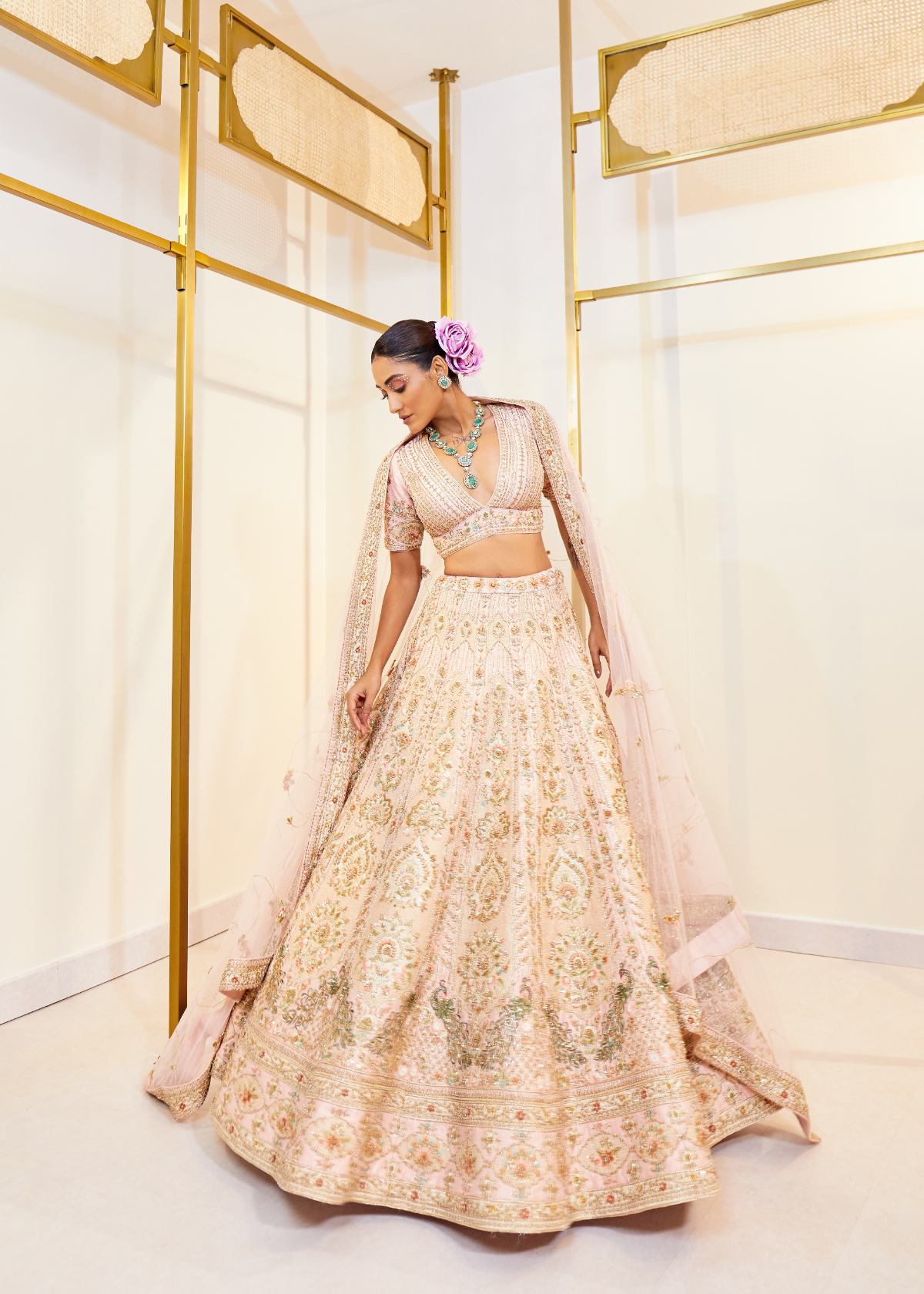 Glamorous Rose Raw Silk Zardosi Bridal Lehenga Set