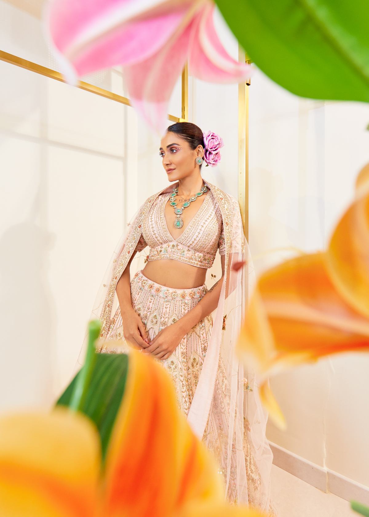Glamorous Rose Raw Silk Zardosi Bridal Lehenga Set