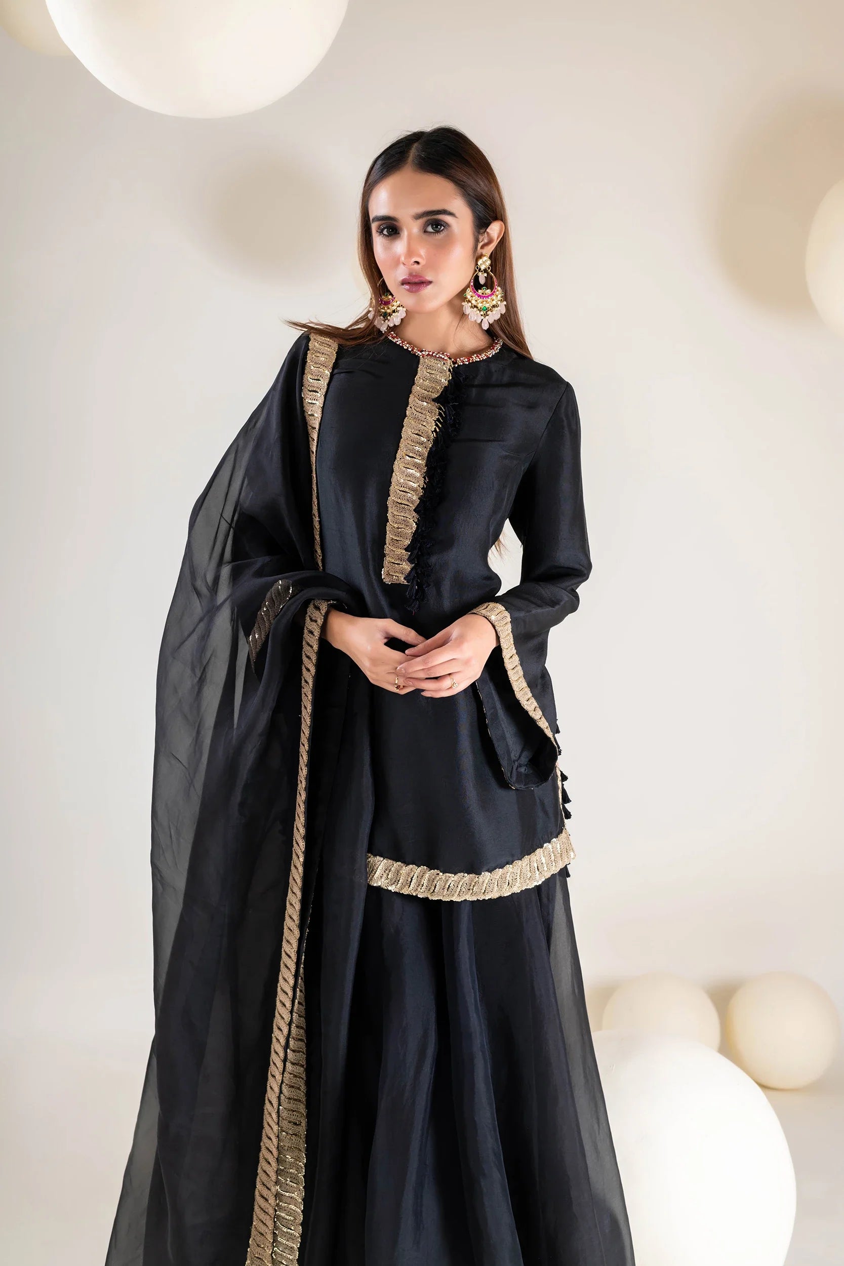 black sharara dress design Black Digital Floral Printed Embroidered Sharara Suit Set Seerat Ethnic