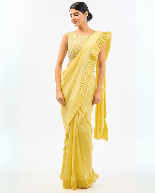 LEMON YELLOW EMBROIDED DRAPE SAREE