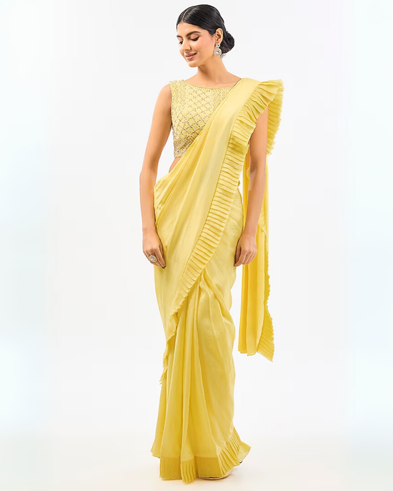 LEMON YELLOW EMBROIDED DRAPE SAREE