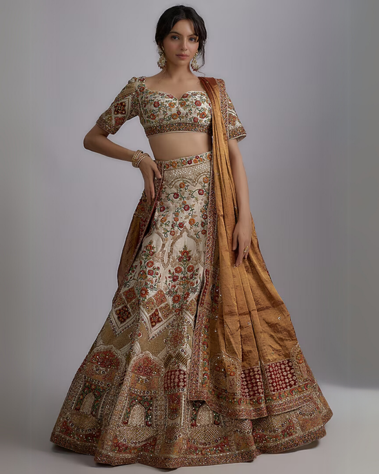 Ivory Pure Raw Silk Embroidered Lehenga Set