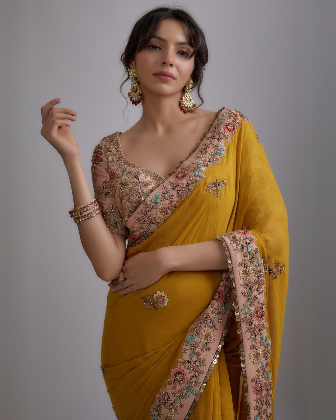 Mustard Tissue Embroidered Draped Saree