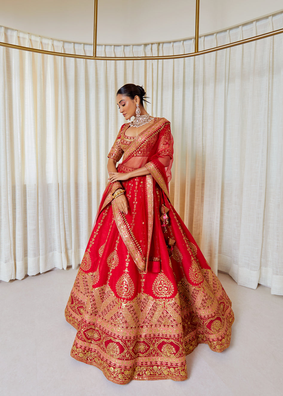 Red Jewel Raw Silk Zardosi Bridal Lehenga Set