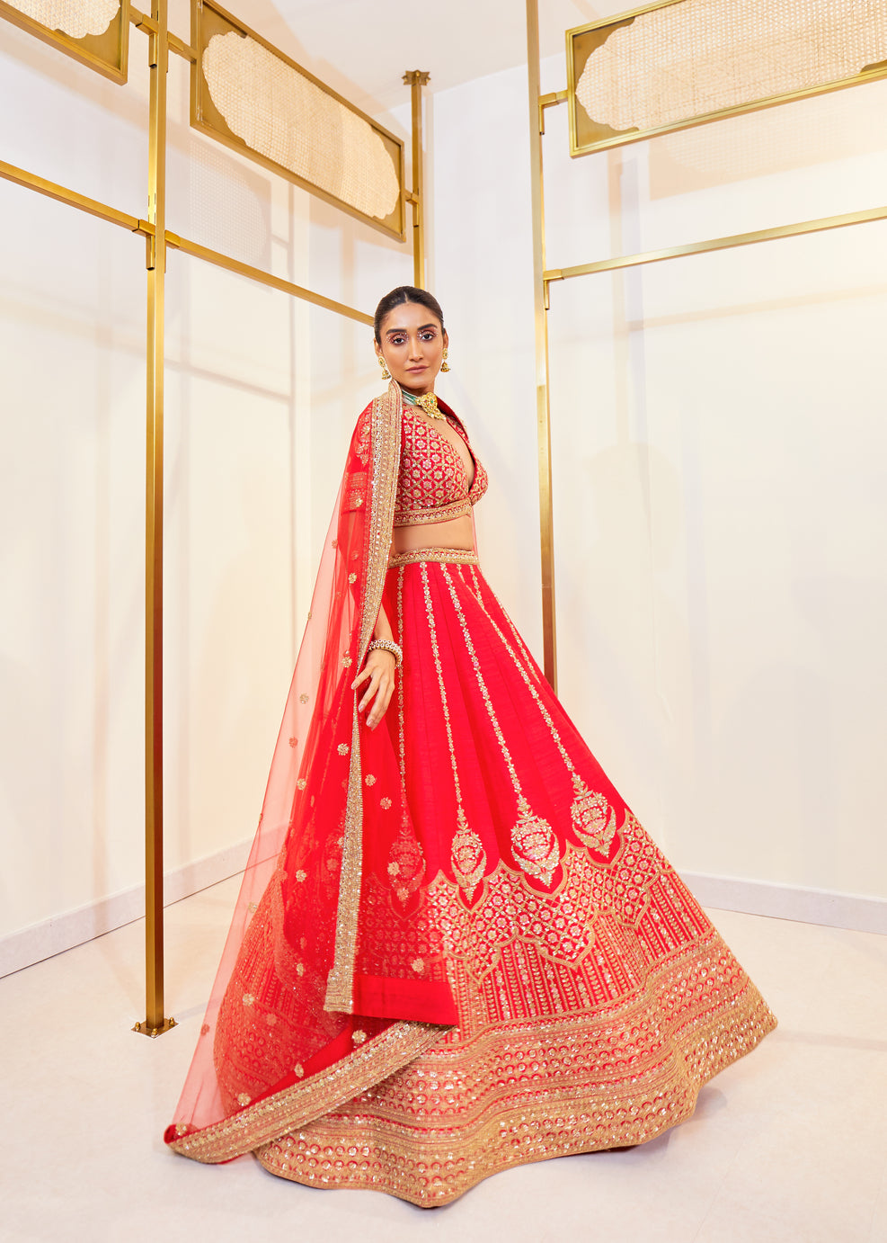Carmine Charm Raw Silk Zardosi Bridal Lehenga Set
