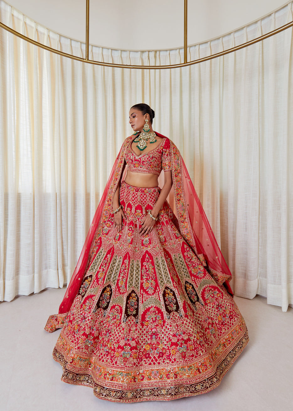 Cherry Wine Raw Silk Zardosi Bridal Lehenga Set