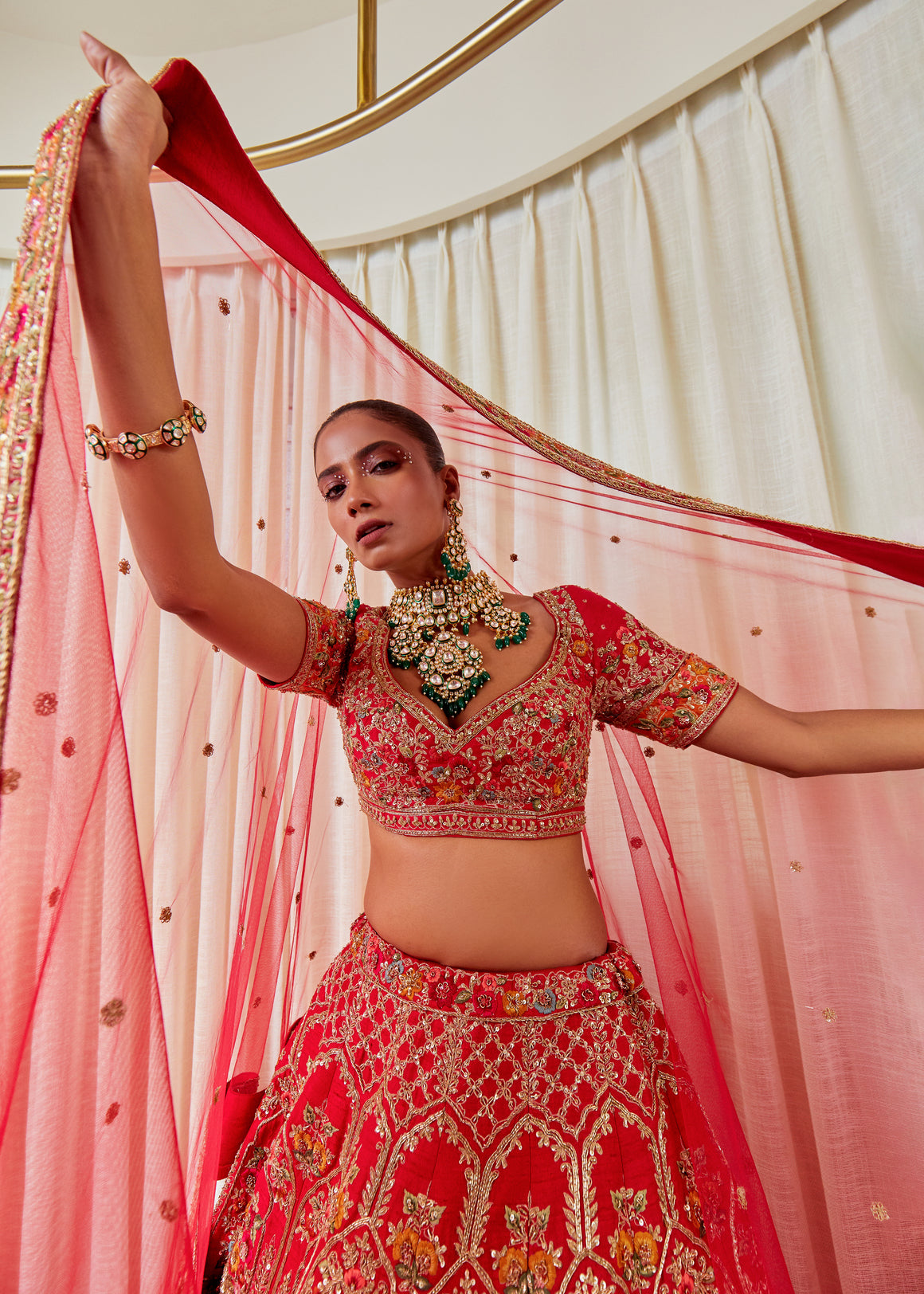 Cherry Wine Raw Silk Zardosi Bridal Lehenga Set