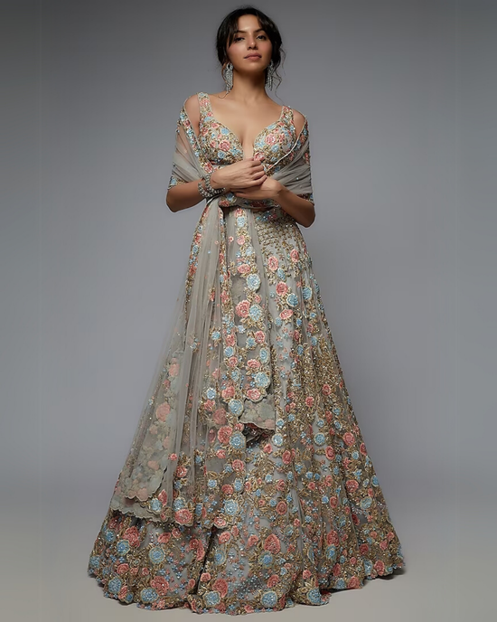 Pastel Blue Organza Embellished Lehenga Set